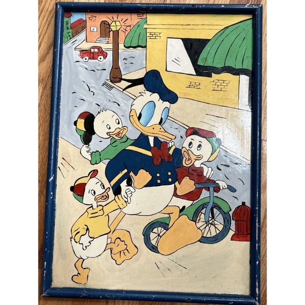 Very OLD Hand Painted Donald Duck, Huey, Dewey and Louie One Of A Kind 15x21”